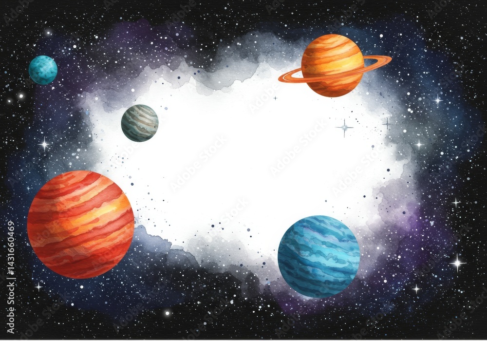 Naklejka premium Celestial Bodies in Space - Watercolor painting of planets and stars in space, with a white central area for text. Ideal for space-themed projects