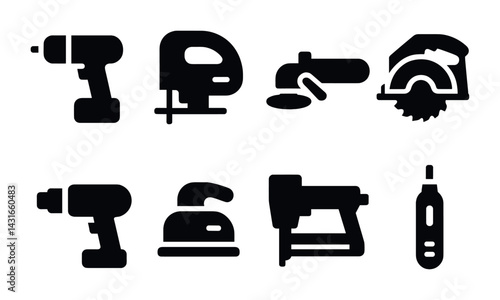 Power tools solid icon set – silhouette style construction, diy, and home repair symbols: drill, jigsaw, chainsaw, circular saw, sander, staple gun, grinder, power wrench.