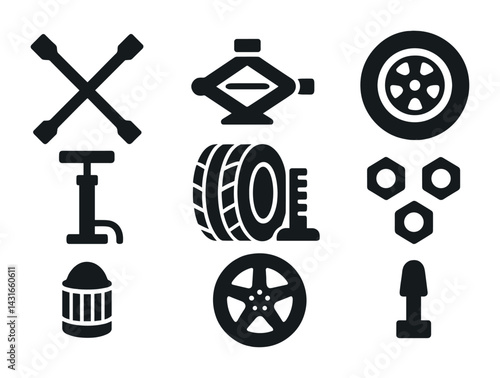 Automotive repair solid icons set – filled style for car maintenance, tools, and equipment symbols: lug wrench, car jack, tire, wheel nut, tire pump, hubcap, nozzle