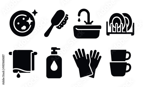 Kitchen cleaning solid icons set – silhouette style housekeeping, hygiene, and maintenance symbols: dish, brush, sink, rack, towel, soap, gloves, cups.