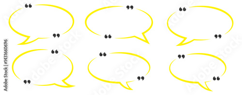 Collection of Yellow quote box frames and icons. Empty speech and quote bubbles. Yellow Quote box frame set. Blank quote boxes for text. Yellow Quotation bubble. Yellow Quote text in speech bubble.
