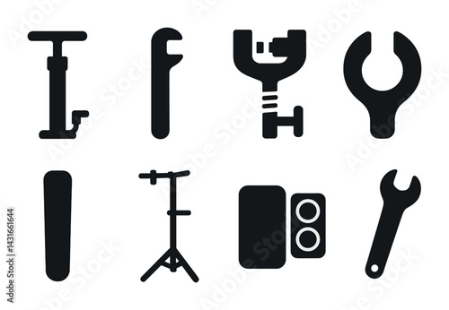Cycling and bike repair solid icons set – silhouette style tools, maintenance, and equipment symbols: pump, wrench, cable cutter, crank puller, repair stand, wheel truing stand