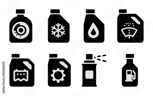 Car maintenance icons set – solid style auto repair, vehicle care, and service symbols for garage tools: oil, coolant, spray, gear, wiper fluid, gas can