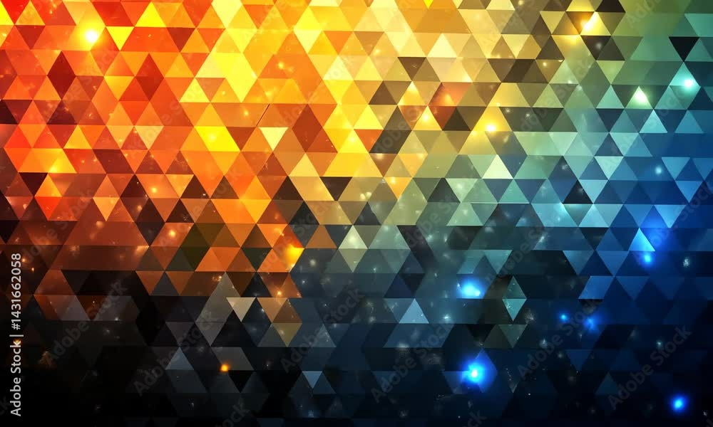Colorful abstract triangular pattern with gradient hues and soft glowing lights