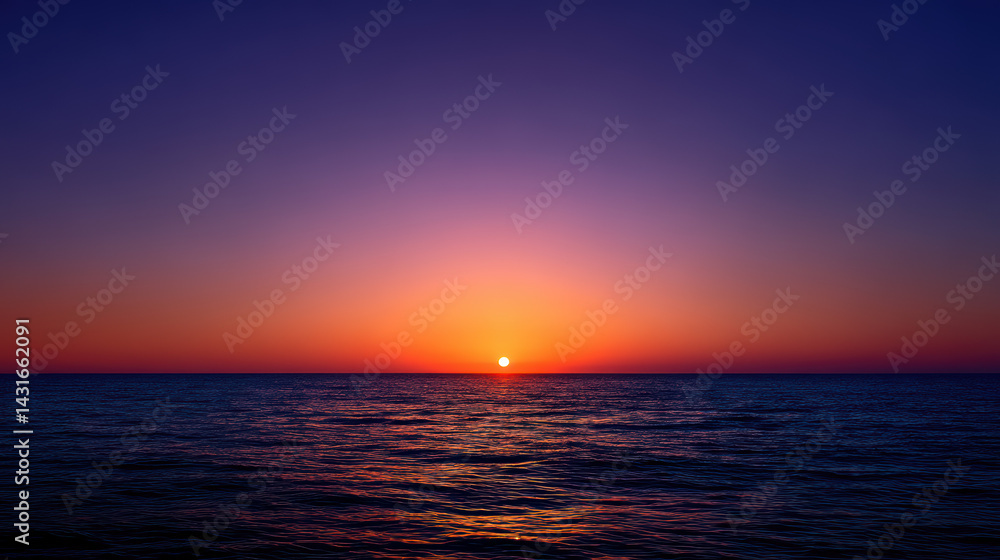 Fototapeta premium A stunning sunset paints the ocean with vibrant orange and purple hues, creating a peaceful and mesmerizing scene as the sun dips below the horizon line.