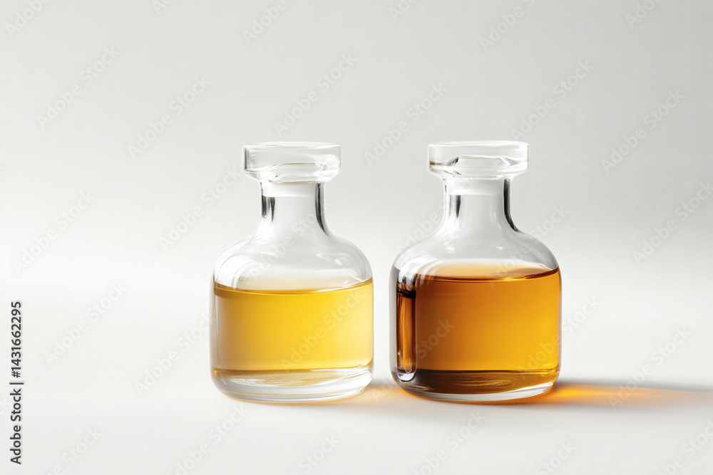 Two glass bottles filled with colored liquids. Two glass bottles filled with colored liquids.