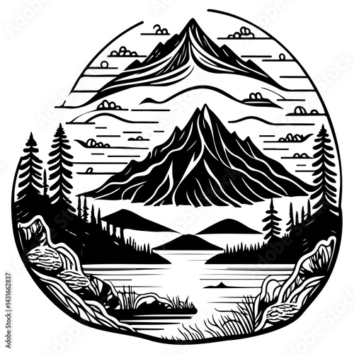 Monochromatic landscape rendering featuring layered mountains and tranquil lake scene