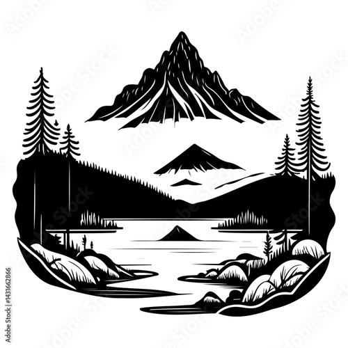 Monochromatic mountainscape illustration showcasing natural beauty and wilderness serenity