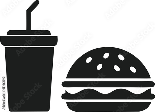 Minimalist Fast Food Icons: Black Silhouettes of Hamburger and Drink in Vector Style