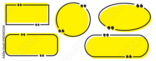 Collection of Yellow quote box frames and icons. Empty speech and quote bubbles. Yellow Quote box frame set. Blank quote boxes for text. Yellow Quotation bubble. Yellow Quote text in speech bubble.