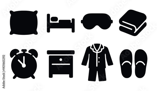 Sleep and bedtime silhouette icons set – solid style rest, relaxation, and comfort symbols for bedroom essentials: pillow, bed, sleep mask, blanket, alarm clock, nightstand, pajamas, slippers.
