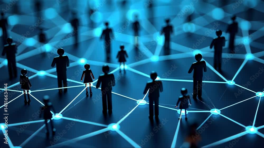 Group of people are connected by a network of lines. The people are all different sizes and are spread out across the image. Concept of interconnectedness and community
