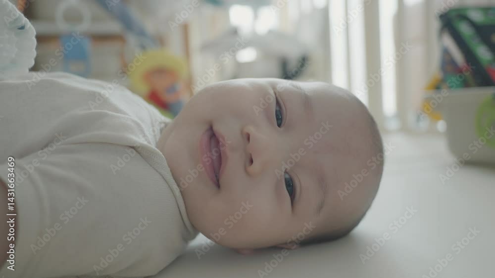 A joyful baby lying on a soft surface, captured in bright natural light. The scene radiates warmth and happiness, showcasing the innocence and charm of early childhood. A joyful baby lying on a soft surface, captured in bright natural light. The scene radiates warmth and happiness, showcasing the innocence and charm of early childhood.