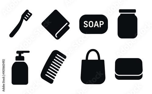 Bathroom essentials solid icons set – filled style hygiene, personal care, and home symbols: toothbrush, towel, soap, jar, lotion, comb, bag, soap dish.