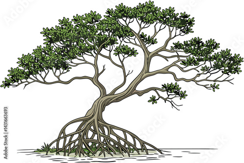 10 Large mangrove tree, intricate root system, lush green foliage, isolated on white background, detailed botanical illustration, realistic texture, environmental conservation, coastal ecosystem, aeri