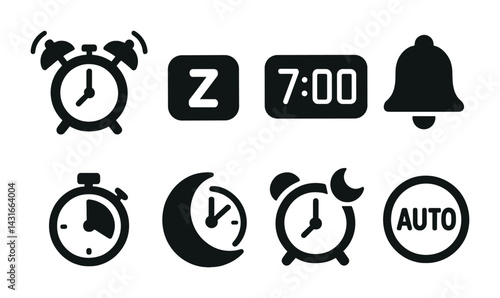 Alarm and time management icons set – solid style with clock, wake up, sleep symbols for scheduling: alarm clock, bell, stopwatch, moon, digital time, snooze, timer