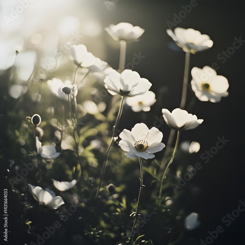 Fototapeta Naklejka Na Ścianę i Meble -  Delicate white flowers blooming in a lush garden surrounded by soft shadows and dramatic lighting for a contemporary cinematic aesthetic
