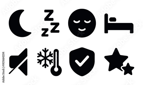Sleep and relaxation solid icons set – flat style for rest, calm, and nighttime designs: moon, zzz, bed, sleep mask, mute, snowflake, thermometer, shield, stars.