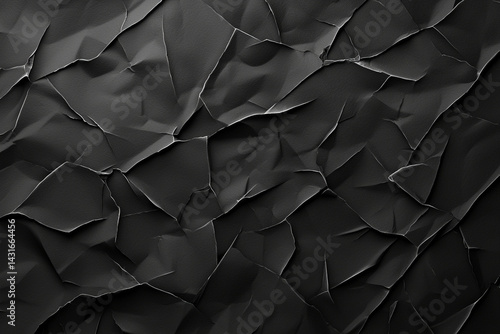 textured black paper background with crumpled and wrinkled surfaces, creating dramatic and artistic appearance. deep shadows and highlights enhance visual interest