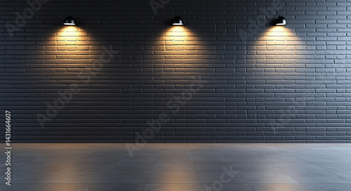 modern black brick wall with three spotlights illuminating surface, creating dramatic effect. sleek design and lighting enhance ambiance of space