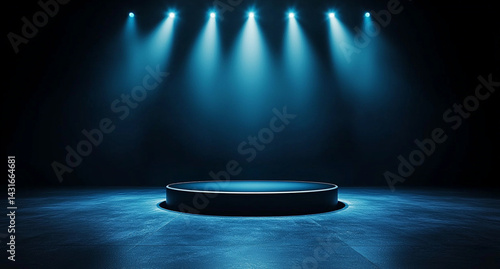 dramatic stage with circular platform illuminated by blue spotlight beams against dark background, creating captivating atmosphere for performances