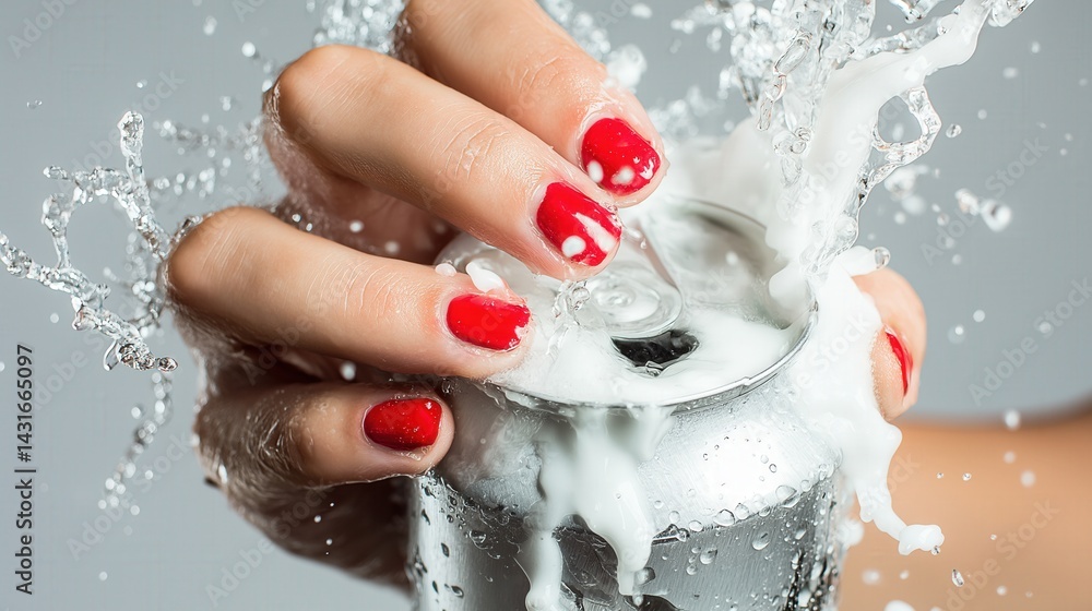 Fototapeta premium splashing soda can held by hand with vibrant red nails capturing excitement of opening in explosive motion. perfect for dynamic beverage marketing or lifestyle content showcasing fun.