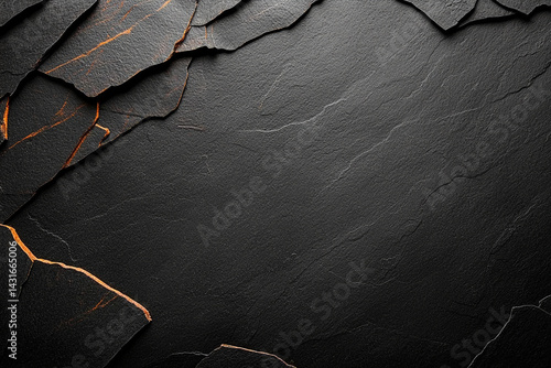 textured black background with layered slate like pieces, featuring subtle orange veins that add depth and contrast, perfect for design and text applications
