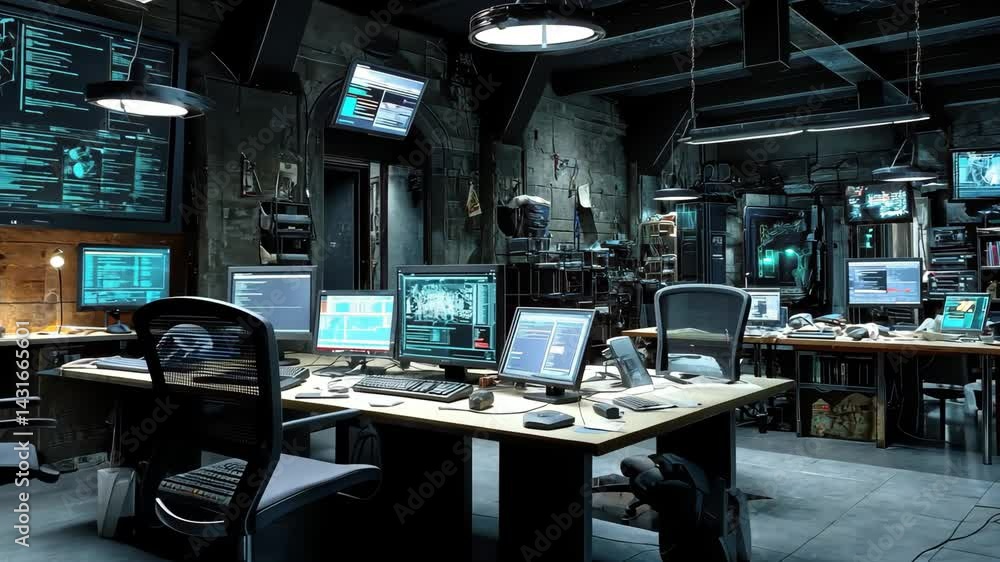 Dark Industrial Tech Room with Multiple Computers Dark Industrial Tech Room with Multiple Computers