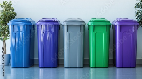 colorful trash bins indoors represent recycling initiative and waste management. blue, purple, and green containers highlight environmental sustainability, encouraging eco-friendly practices
