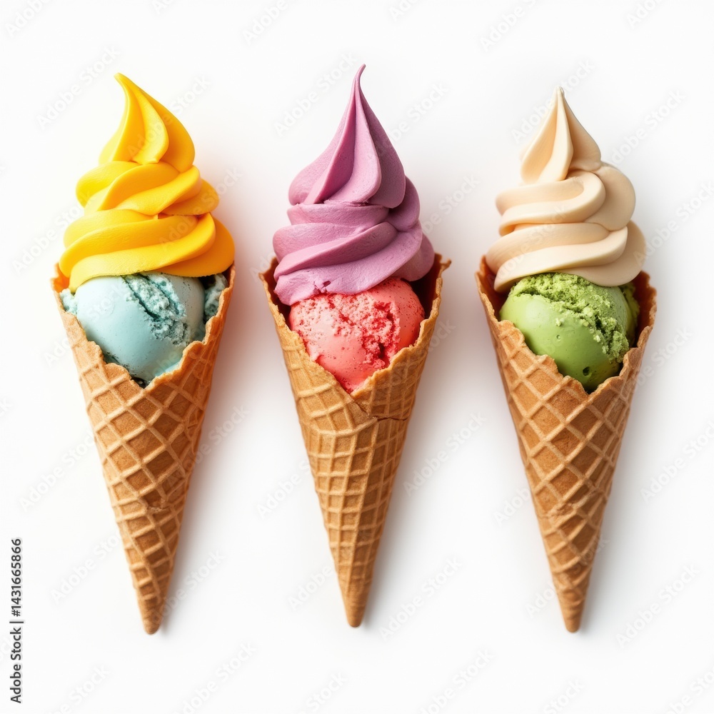 Assorted ice cream cones on white background, vibrant colors, summer treat, appetizing and fresh look
Assorted ice cream cones on white background, vibrant colors, summer treat, appetizing and fresh look
