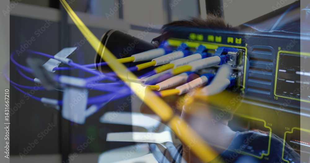 Image of server room over caucasian boy using vr headset Image of server room over caucasian boy using vr headset