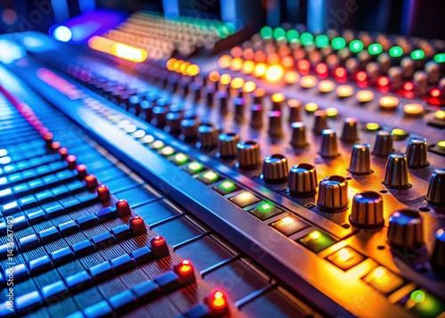 Illuminated Soundboard Close-up:  Music Production Studio Equipment Detail