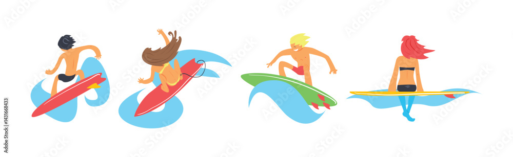 Man and Woman Surfer Character Ride Ocean Wave on Surfboard Vector Set Man and Woman Surfer Character Ride Ocean Wave on Surfboard Vector Set
