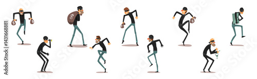 Man Thief and Burglar in Mask Stealing Money Vector Set