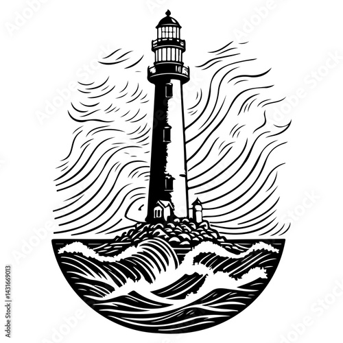 Stylized lighthouse illustration amidst swirling waves and sky, nautical scene