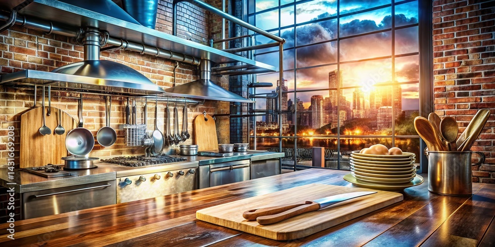 Industrial Kitchen Double Exposure: Rustic Wood & Exposed Pipes Stock Photo Industrial Kitchen Double Exposure: Rustic Wood & Exposed Pipes Stock Photo
