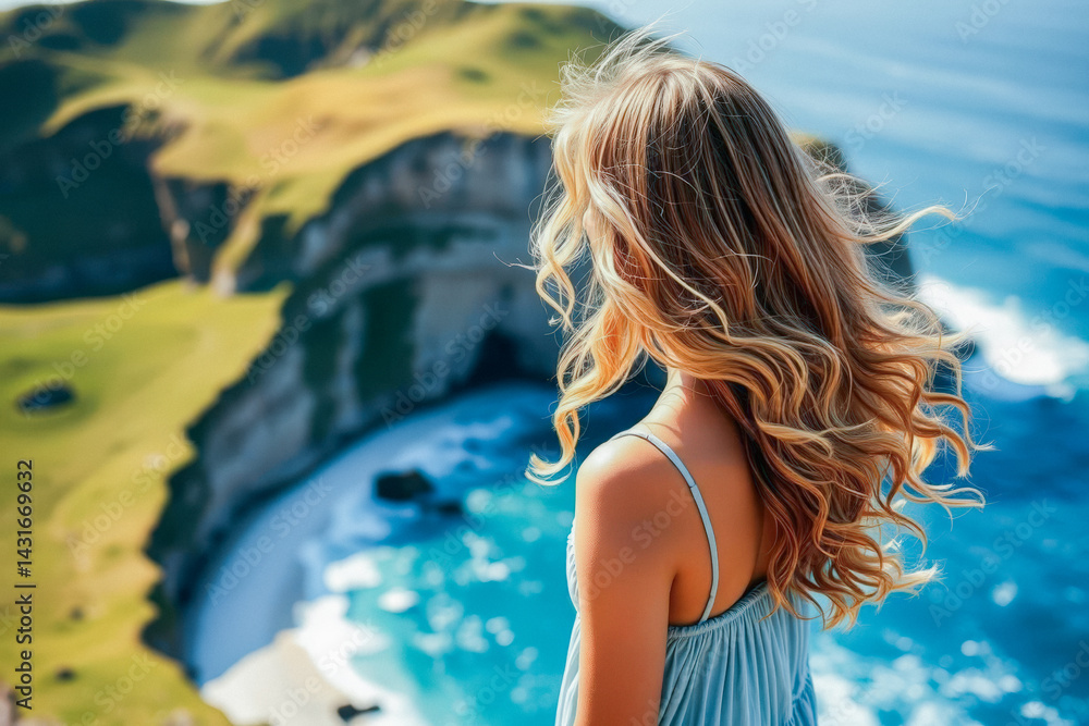 Naklejka premium Woman with Curly Hair Viewing Scenic Coastal Landscape