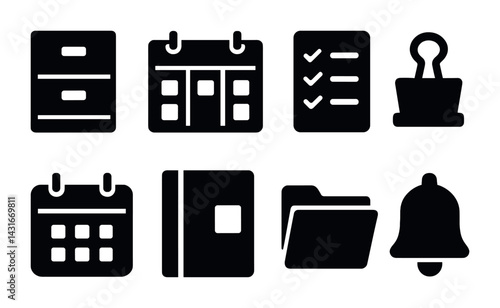 Office and productivity solid icons set – flat style business, organization, and workflow symbols: file cabinet, calendar, checklist, paper clip, folder, notebook, bell