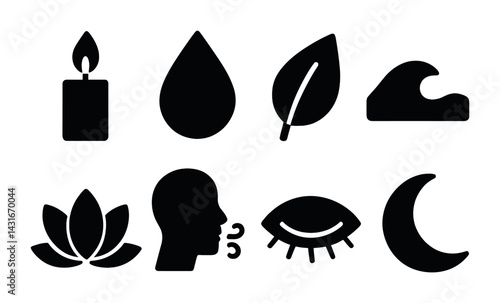 Obraz na płótnie Nature and wellness solid icon set – silhouette style elements for relaxation and mindfulness: candle, water drop, leaf, wave, lotus, head with breath, eye, moon w salonie