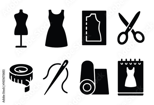 Fashion design solid icons set - silhouette style sewing, tailoring, and dressmaking symbols for creative projects: dress form, dress, pattern, scissors, tape measure, needle, fabric, calendar.