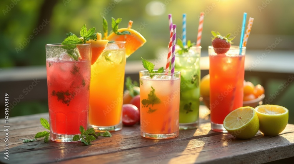 Fototapeta premium Assorted summer cocktails with fruit and herbs, colorful straws, outdoor table, sunlight, greenery, festive and refreshing 