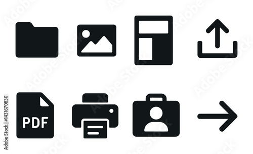 Document management solid icons set – filled style for file organization, office workflow, and digital archiving: folder, image, upload, pdf, printer, profile, arrow