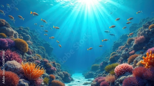 Wallpaper Mural Colorful coral reef with tropical fish, sea turtles, and anemones, sunlight filtering through blue water, vibrant marine life, photorealistic
 Torontodigital.ca