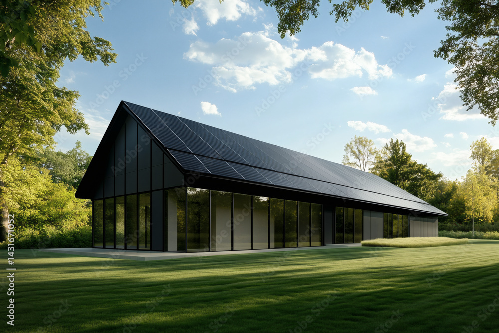 Modern home with solar panels on a large lawn Modern home with solar panels on a large lawn