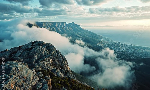 Majestic view of Table Mountain at sunset, overlooking Cape Town with clouds rolling in
