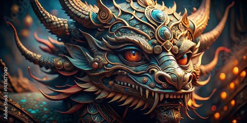 Wallpaper Mural Intricate Asian Dragon Mask, High Depth of Field, Close-Up Detail,  Ancient Ritual Mask, Mythical Creature Torontodigital.ca