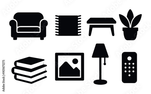 Home decor silhouette icons set – solid style interior design, furnishing, and comfort symbols for decorating space: sofa, rug, coffee table, plant, book, art, lamp, remote.