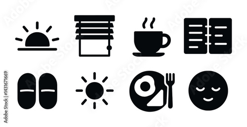 Morning routine silhouette icons set – solid style breakfast, wellness, and relaxation symbols for daily inspiration: sunrise, blinds, coffee, eggs, meditation, sunshine, slippers