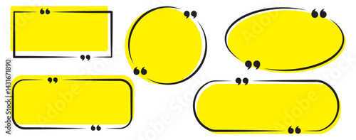 Collection of Yellow quote box frames and icons. Empty speech and quote bubbles. Yellow Quote box frame set. Blank quote boxes for text. Yellow Quotation bubble. Yellow Quote text in speech bubble.