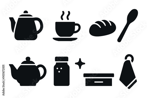 Cozy kitchen solid icons set - silhouette style cooking and dining symbols for home chefs: teapot, coffee cup, bread, spoon, salt shaker, dish, towel